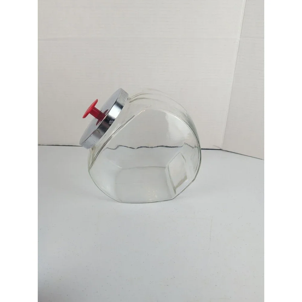 Vintage Glass General Store Tilted Penny Candy Cookie Jar Red Knob Chrome Lid